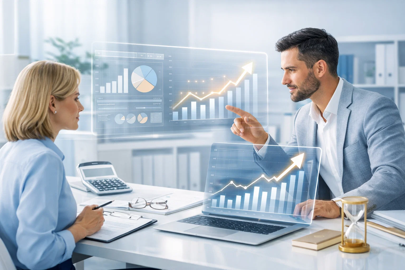 Accounting SEO growth consultation with professionals reviewing performance metrics and business results.