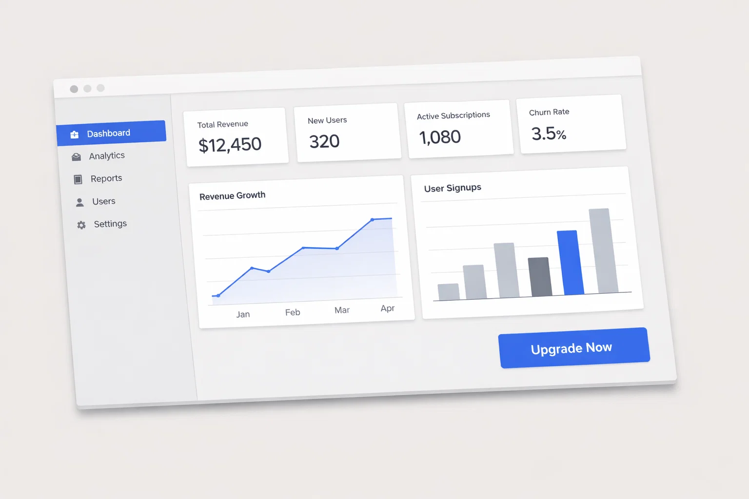Subscription dashboard with revenue growth, user signups and active subscriptions.